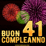 Animazione di fuochi d'artificio colorati con il numero 41 in oro brillante e la scritta 'Buon Compleanno' su uno sfondo nero festivo ed elegante.