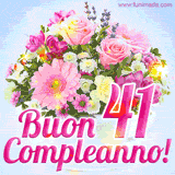 Bouquet animato con rose rosa, margherite e altri fiori colorati, con il numero 41 e la scritta 'Buon Compleanno!' in stile elegante e luminoso.