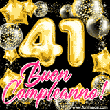 Animazione con palloncini dorati a forma del numero 41, circondati da decorazioni scintillanti e la scritta 'Buon Compleanno!' in caratteri rosa accattivanti.