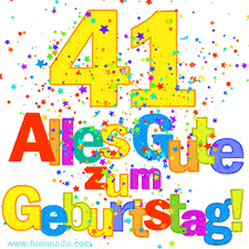 Geburtstags-GIF mit animierten bunten Sternen, der großen Zahl 41 und dem mehrfarbigen Text 'Alles Gute zum Geburtstag'.