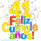 GIF festivo lleno de confeti de colores, el número 41 grande en amarillo y la frase 'Feliz cumpleaños' en letras multicolores y brillantes.