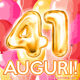 Bouquet animato di palloncini multicolori che emergono da una scatola regalo, con il numero 41 e la scritta 'Tanti Auguri!' su uno sfondo pieno di coriandoli.