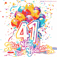 Animiertes Konfetti, mehrfarbige Luftballons und eine Geschenkbox in einem fröhlichen GIF zum 41. Geburtstag