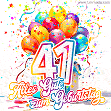 Ein lebendiges Geburtstags-GIF mit bunten Ballons, animiertem Konfetti, der Zahl 41 und den Worten 'Alles Gute zum Geburtstag' in dekorativer Schriftart.