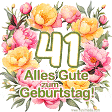 Ein elegantes GIF mit einem Blumenkranz in zarten Tönen, der großen Zahl 41 und den Worten 'Alles Gute zum Geburtstag'.