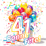 GIF pour un 41e anniversaire avec un grand chiffre 41, des ballons multicolores, des confettis et des rubans, accompagné du texte 'Bonne Fête!' sur un fond festif.