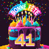 GIF animé pour un 41e anniversaire avec un gâteau au chocolat recouvert de glaçage arc-en-ciel, des bougies allumées, et le texte 'Bonne Fête' sur un fond étoilé et festif.