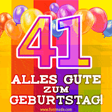 Große Zahl 35 in Umrissschrift, die Worte 'Alles Gute zum 41. Geburtstag', mehrfarbige animierte Ballons und lebendiger Hintergrund.