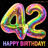 Shiny number 42 birthday celebration balloons with an iridescent glow and glitter on a black background with twinkling stars.
