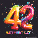 A vibrant age-specific birthday short animation displays the number '42' in shiny balloon-like letters with the words 'Happy Birthday' underneath. The dark background is punctuated with festive stars and balloons.
