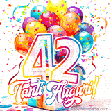 Animazione con palloncini colorati e scintillanti, accompagnata dal numero 42 in caratteri grandi e luminosi, e la scritta 'Tanti Auguri!' in stile vivace.