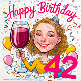 An animated birthday GIF featuring a smiling cartoon woman holding a glass of wine. Text reads 'Happy Birthday 42' surrounded by colorful balloons and confetti.