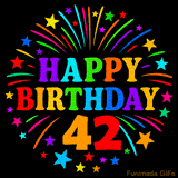 A birthday cake with lit candles is shown with colorful balloons and animated confetti.