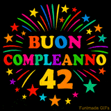 GIF animata 'Buon Compleanno 42' con lettere colorate e fuochi d'artificio