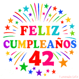 Imagen animada para felicitar los 42 años con letras de colores y diseño festivo.