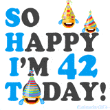 A fun birthday animation celebrating turning 42 with colorful party hats, smiling faces, and cheerful emojis.