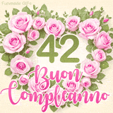 GIF per il 42° compleanno con un cuore di rose rosa e scritta elegante