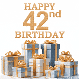 Festive animated eCard with elegant 'Happy 42nd Birthday' text above a pile of luxurious blue, white, and gold gift boxes and presents.
