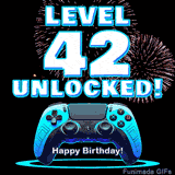 Animated GIF for a 42 birthday. The text 'Level 42 Unlocked!' and 'Happy Birthday!' are displayed over a blue video game controller with exploding fireworks in the background.