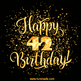 A gold 'Happy 42nd Birthday' animated GIF featuring decorative hand-drawn font and gold confetti on the black background.