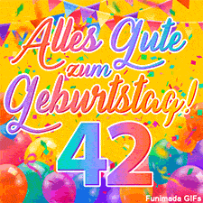 Eine festliche Animation zum 42. Geburtstag, Die Worte 'Alles Gute zum Geburtstag' und die Zahl '42' sind in einer bunten Schriftart gehalten, umgeben von Partyballons und Konfetti.