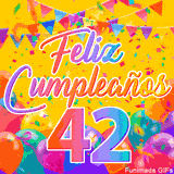 Un GIF animado para un 42º cumpleaños, Muestra el texto 'Feliz Cumpleaños 42' sobre un fondo amarillo vibrante con globos de colores, banderines y una lluvia de confeti.