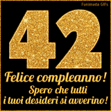 Un GIF animato per un 42° compleanno, Presenta il testo 'Buon Compleanno 42' su uno sfondo giallo vivo con palloncini colorati, festoni e una pioggia di coriandoli.