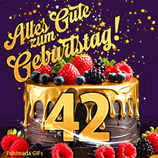 Eine köstlich aussehende animierte Geburtstagskarte für den 42. Geburtstag, dekoriert mit Erdbeeren, Blaubeeren und goldenen Details, Sterne funkeln und fallen, mit 'Alles Gute zum Geburtstag!'-Text.