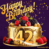 A delicious-looking animated birthday card for a 42nd birthday, decorated with raspberries, blackberries, and gold details, Stars sparkle and fall, with 'Happy Birthday!' text above.