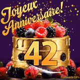 Une animation de célébration d'un gâteau de 42ème anniversaire, Des étoiles dorées tombent du ciel, mettant en valeur le texte 'Joyeux Anniversaire !' et le nombre doré 42 à l'avant du gâteau.