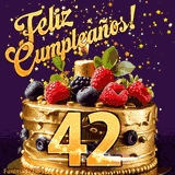 Una animación de celebración de una tarta para el 42º cumpleaños, Estrellas doradas caen del cielo, destacando el texto '¡Feliz Cumpleaños!' y el número dorado 42 en la tarta.