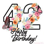 A floral 42nd birthday animated greeting card. The number '42' is surrounded by animated flowers and butterflies, creating a beautiful and cheerful way to celebrate the milestone.