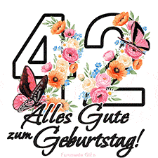 Ein florales GIF zum 42. Geburtstag. Die Zahl '42' ist von animierten Blumen und Schmetterlingen umgeben und bietet eine schöne und fröhliche Art, den Meilenstein zu feiern.