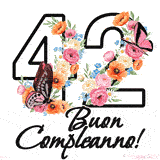 Questo GIF di Buon 42° Compleanno mostra il numero venti riempito con un vibrante bouquet di fiori animati, con farfalle che si muovono dolcemente su uno sfondo bianco.
