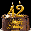 42 Birthday Chocolate Cake with Gold Glitter Number 42 Candles (GIF)
