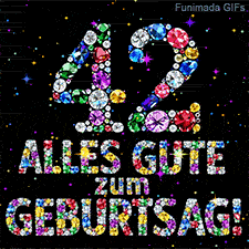 Ein schwarzer Hintergrund präsentiert die Zahl 42 und den Text Alles Gute zum Geburtstag aus funkelnden Diamanten und bunten Sternchen.