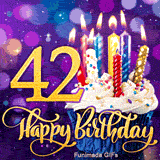 The digit 42 in gold next to a cupcake with white frosting and burning candles. Golden Happy Birthday lettering set against a purple bokeh backdrop.