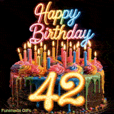 Rotating 42nd birthday cake GIF featuring colorful drip icing, lit candles, neon topper, and glowing golden number 42.