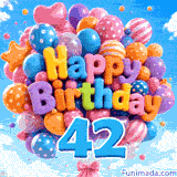 A large blue number 42 suspended from an animated bunch of balloons. The text Happy Birthday is formed by balloons in a sunny blue sky.