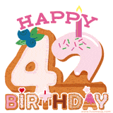 A whimsical happy 42nd birthday image. The number '42' stylized as donuts. The word 'Happy' is pink while the word 'Birthday' is made from colorful cookies, completing the celebratory graphic.