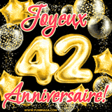 GIF animé pour un 42e anniversaire avec des ballons dorés en forme de 42, entourés de ballons scintillants et du texte 'Joyeux Anniversaire!' en écriture élégante.