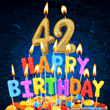 Animated GIF of an 42nd birthday cake adorned with multicolor sprinkles, featuring large gold 42 candles and colorful letter-shaped candles spelling out Happy Birthday.