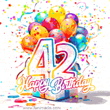 A festive birthday age GIF with animated star confetti, colorful balloons, and a gift box with the number 42. The text reads 'Happy Birthday'.