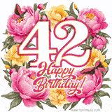 A celebratory GIF image features the animated number '42' and the words 'Happy Birthday!' surrounded by pink and yellow flowers. Two moving butterflies are included in this festive design.