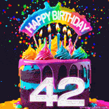 Chocolate cake with cyan layers, pink dressing and a big number 42 adorned with vibrant multicolored frosting, lit candles, and a rainbow topper with text that says 'Happy Birthday'. Animated colorful confetti move behind the cake.