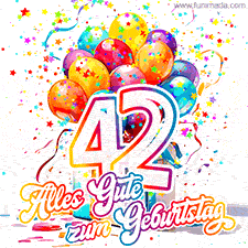 Ein lebendiges Geburtstags-GIF mit bunten Ballons, animiertem Konfetti, der Zahl 42 und den Worten 'Alles Gute zum Geburtstag' in dekorativer Schriftart.