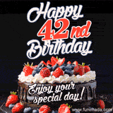 A birthday greeting card image. It features a chocolate cake with berries and the text 'Happy 42nd Birthday. Enjoy your special day!'