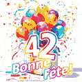Des confettis animés, des ballons multicolores et un coffret cadeau dans un joyeux GIF de 42e anniversaire