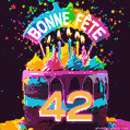 Gâteau au chocolat avec le numéro 42 orné d'un glaçage vibrant, de bougies et d'une décoration arc-en-ciel