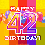A birthday cake with lit candles is shown with colorful balloons and animated confetti.